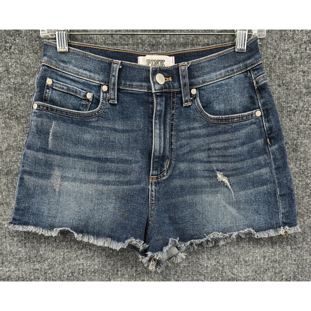 Victoria's‎ Secret PINK Denim Shorts Women's 6 Blue Frayed Hight Rise Distressed